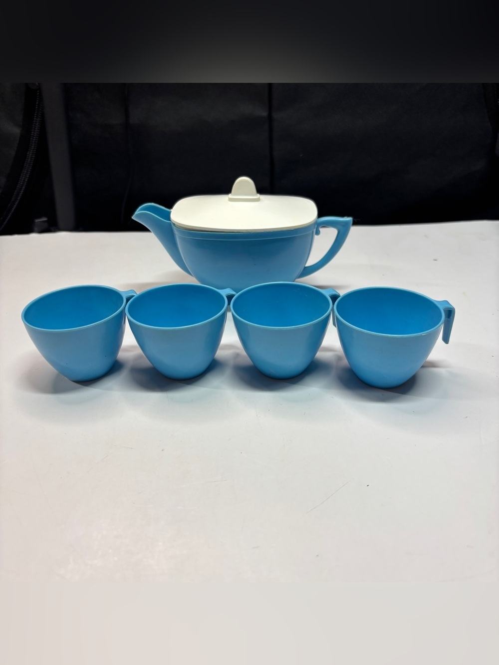 J Chein Co Blue Plastic Toy Tea Pot Cups Miniature Dishes Set USA  Tea Party